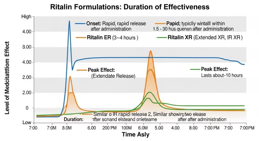 Comparison of Ritalin formulations’ effect duration. IR Ritalin provides shorter bursts of effect, while ER and XR formulations offer longer, sustained action.