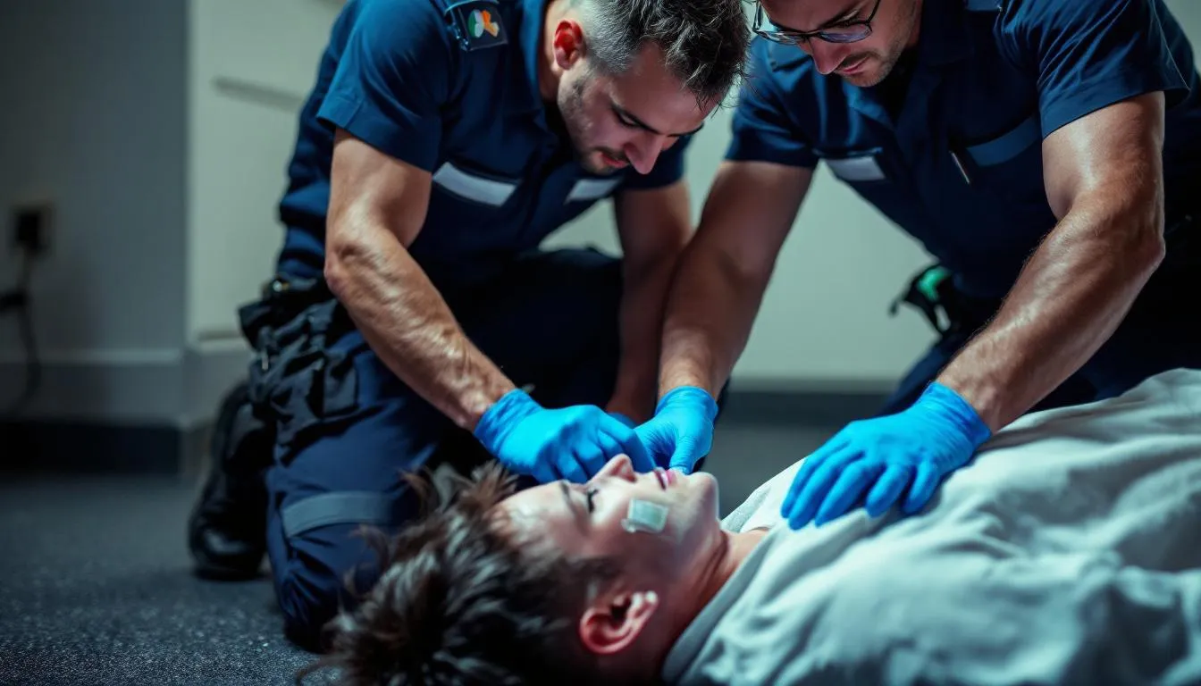 Emergency response team providing medical attention during a suspected overdose.