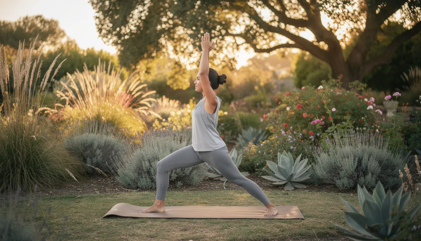 A person is practicing yoga in a serene garden surrounded by California plants, embodying a holistic approach to mental health and wellness. This peaceful setting symbolizes the healing process often sought in drug and alcohol rehab, promoting emotional healing and sustainable recovery.