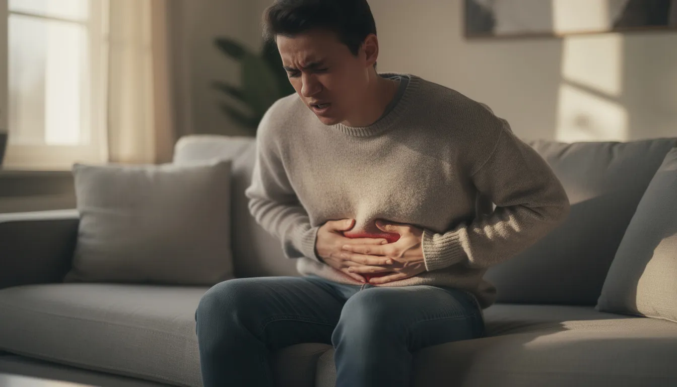 A person is sitting on a couch with a pained expression, holding their stomach as if experiencing severe stomach pain. This discomfort may be associated with the health risks of mixing naproxen and alcohol, which can lead to gastrointestinal issues and other serious complications.