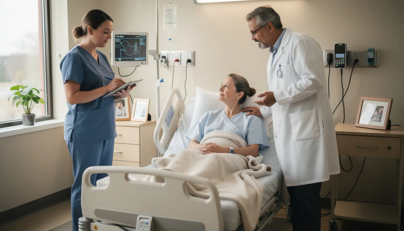 The image depicts a person receiving supportive medical care in a clinical environment, highlighting the importance of addiction treatment for alcohol use disorder. This setting emphasizes the need for timely intervention and professional support to address the health consequences of excessive alcohol consumption and promote recovery.