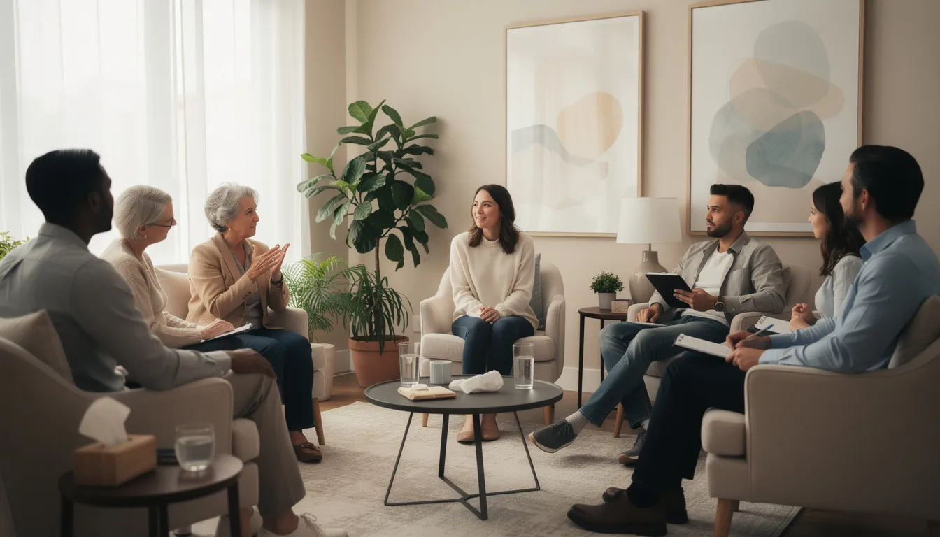 The image depicts a supportive group therapy session taking place in a comfortable treatment center, where individuals are engaged in conversation, sharing experiences related to chronic pain and the health risks associated with mixing alcohol and medications like naproxen. The warm and inviting environment emphasizes the importance of addressing issues such as alcohol addiction and the potential gastrointestinal problems that can arise from combining alcohol and nonsteroidal anti-inflammatory drugs.