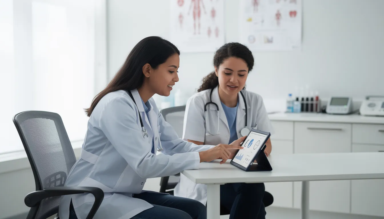 A healthcare provider is sitting across from a patient in a clinical setting, reviewing test results and discussing the potential health risks associated with mixing naproxen and alcohol, including gastrointestinal issues and severe stomach pain. The atmosphere is professional and focused, emphasizing the importance of understanding medication use and alcohol consumption for effective pain management.