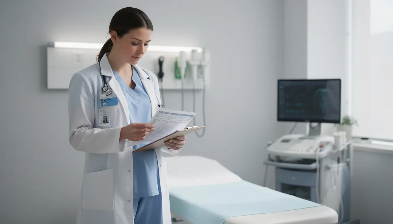 A healthcare professional is attentively reviewing a patient chart in a clinical setting, likely assessing the patient's history related to alcohol use disorder and its potential health consequences. The focus on mental health and chronic health issues, including the effects of excessive alcohol consumption, reflects the importance of timely intervention and evidence-based treatment in addiction recovery.