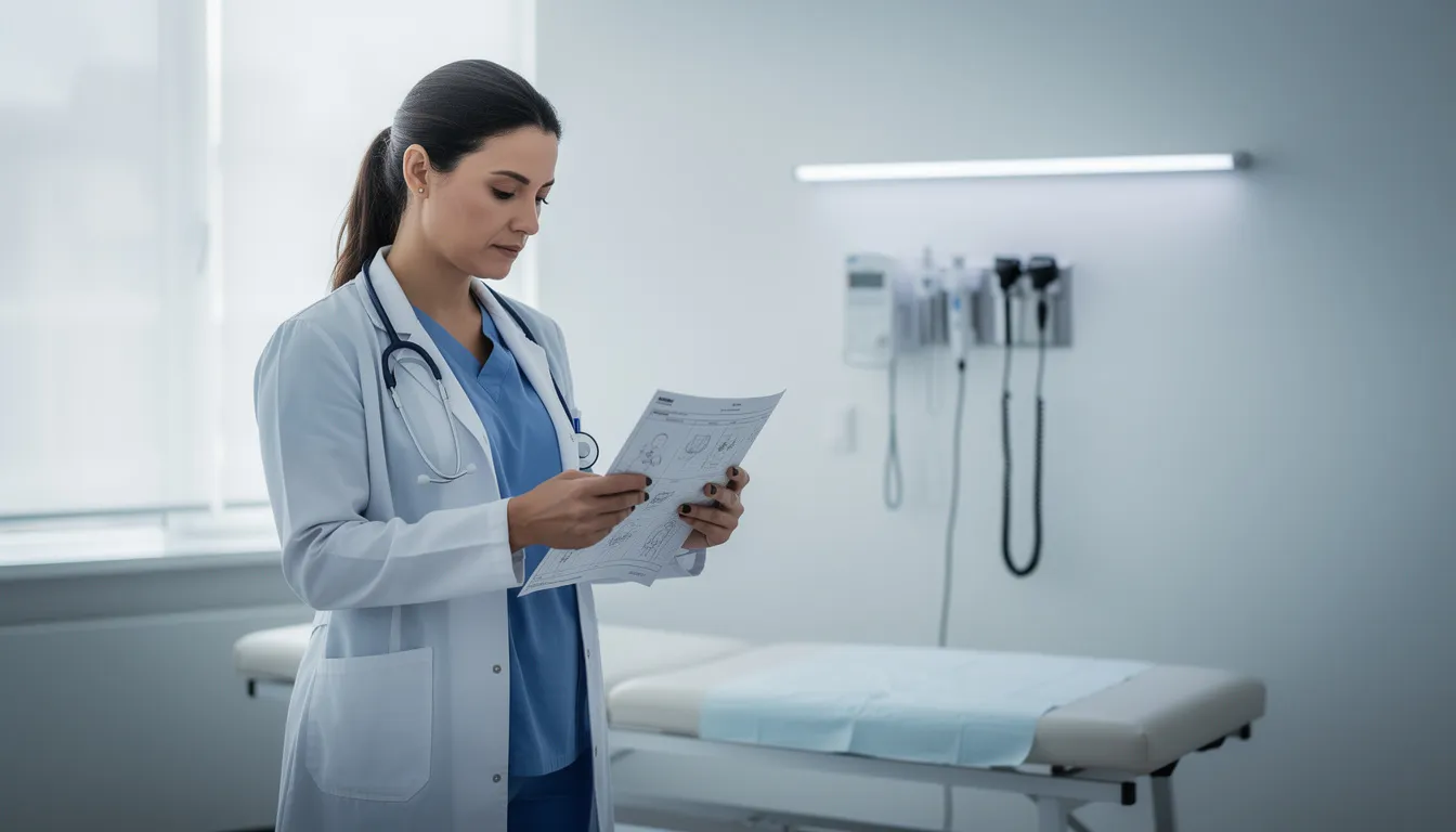 A medical professional is attentively reviewing a patient chart in a clinical setting, focusing on developing individualized treatment plans for substance use disorders. This scene highlights the importance of evidence-based therapies and compassionate care in the recovery journey for alcohol addiction treatment.