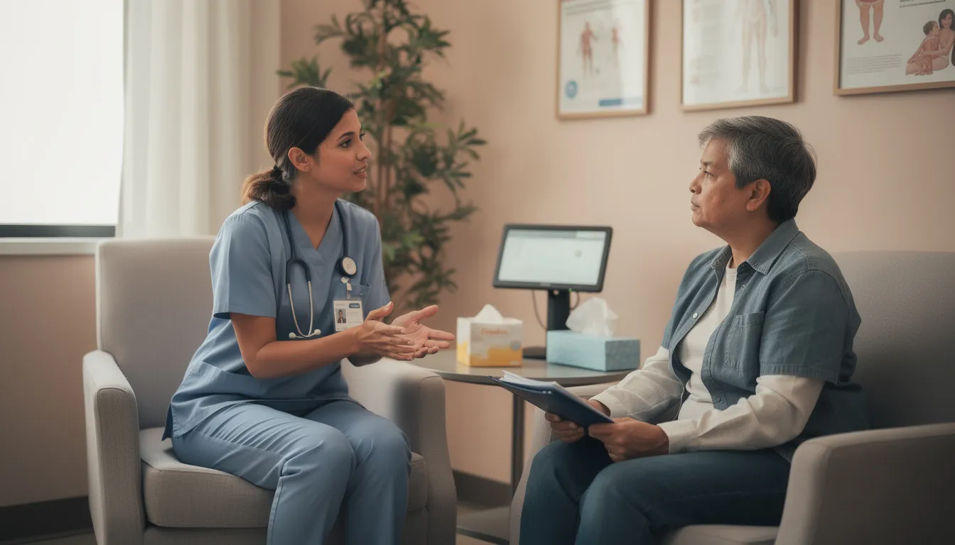 A compassionate medical team member is engaged in a supportive conversation with a patient in a comfortable setting, emphasizing the importance of individualized treatment plans for alcohol addiction treatment and the recovery journey. This scene reflects the dedication of healthcare professionals to provide evidence-based therapies and holistic healing in a nurturing environment, essential for lasting recovery.