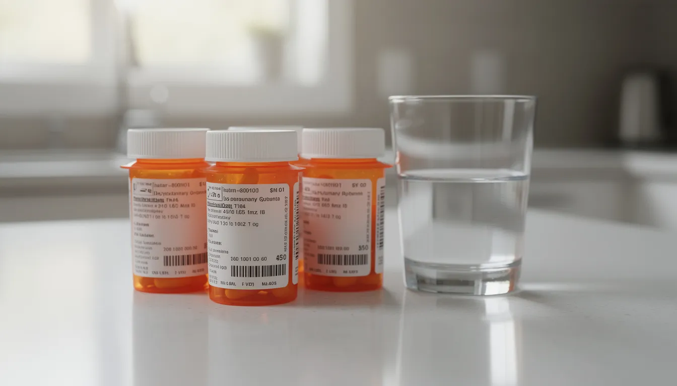 The image shows several prescription medication bottles alongside a glass of water on a kitchen counter, highlighting the importance of managing health conditions such as ulcerative colitis while considering the risks of alcohol consumption, especially when taking prednisone, due to potential serious health complications.
