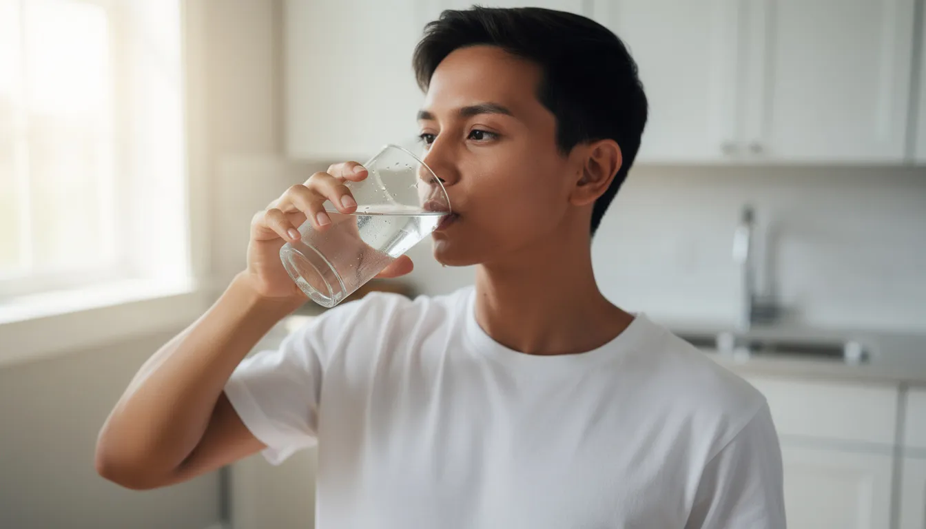 The image shows a person in a kitchen setting, smiling while drinking a glass of water, symbolizing hydration and wellness. This scene may evoke thoughts of detox methods like the certo detox method, which emphasizes cleansing and flushing toxins from the body.