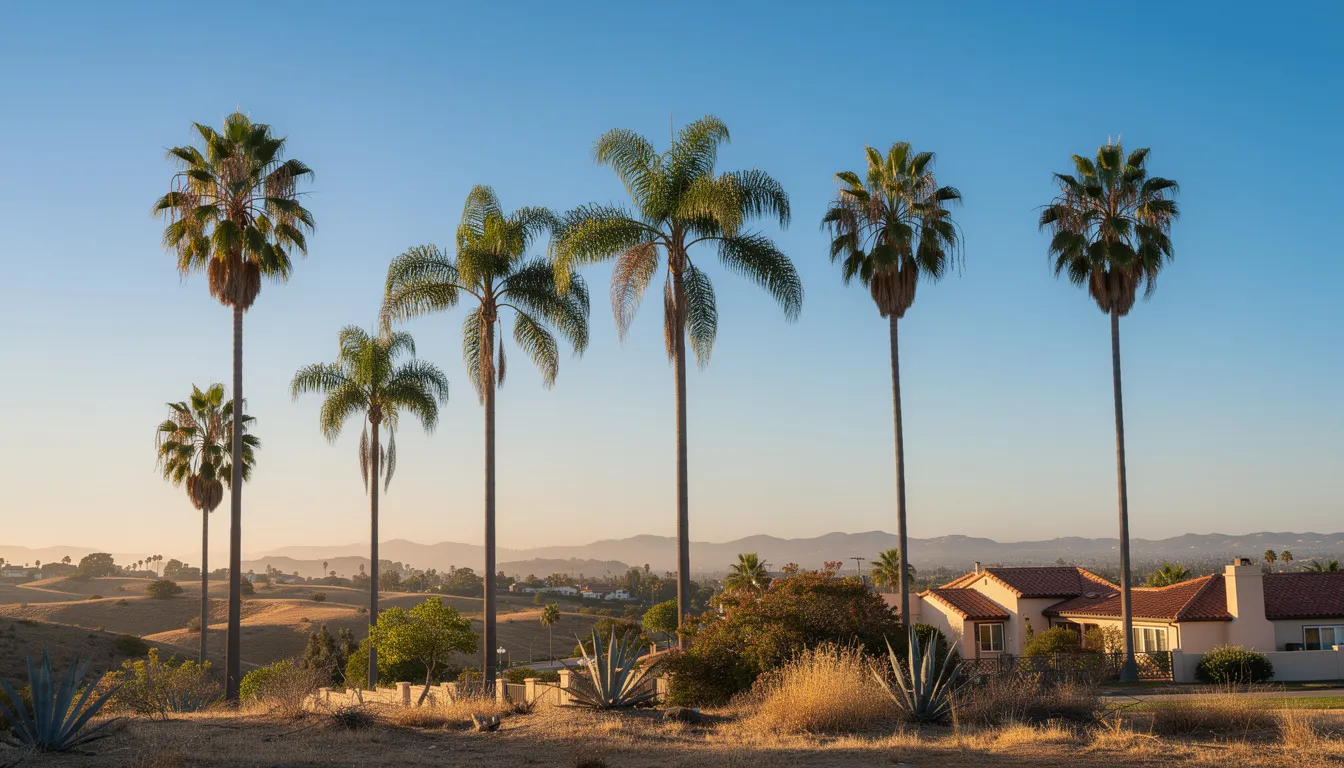 The image depicts a serene Southern California landscape featuring tall palm trees swaying gently under a clear blue sky, symbolizing a peaceful environment ideal for healing and recovery. This tranquil setting reflects the essence of luxury rehab in Los Angeles, where individuals can embark on their recovery journey from drug and alcohol addiction in a supportive atmosphere.