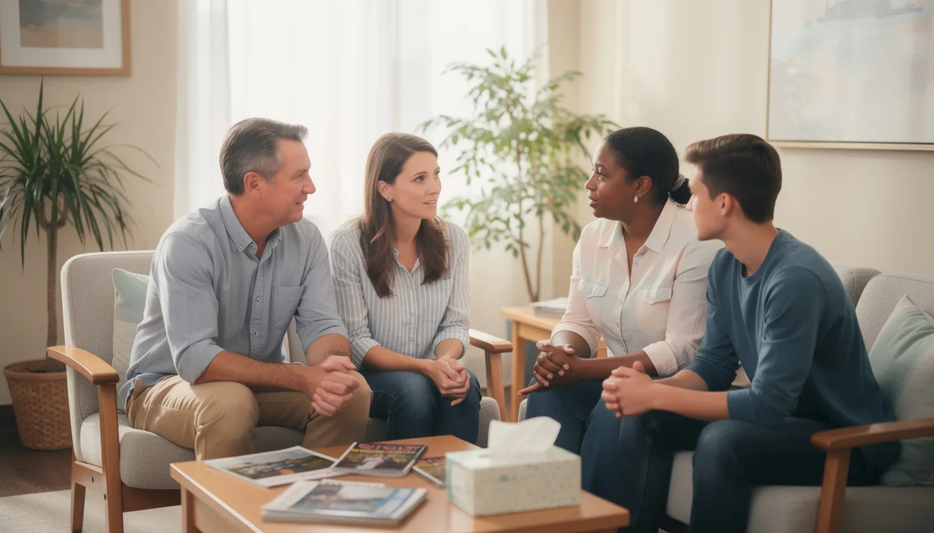 In a cozy waiting area, family members engage in a supportive conversation, discussing their loved one's recovery journey from substance use disorders. The atmosphere reflects warmth and understanding, emphasizing the importance of family therapy in the treatment and recovery process.
