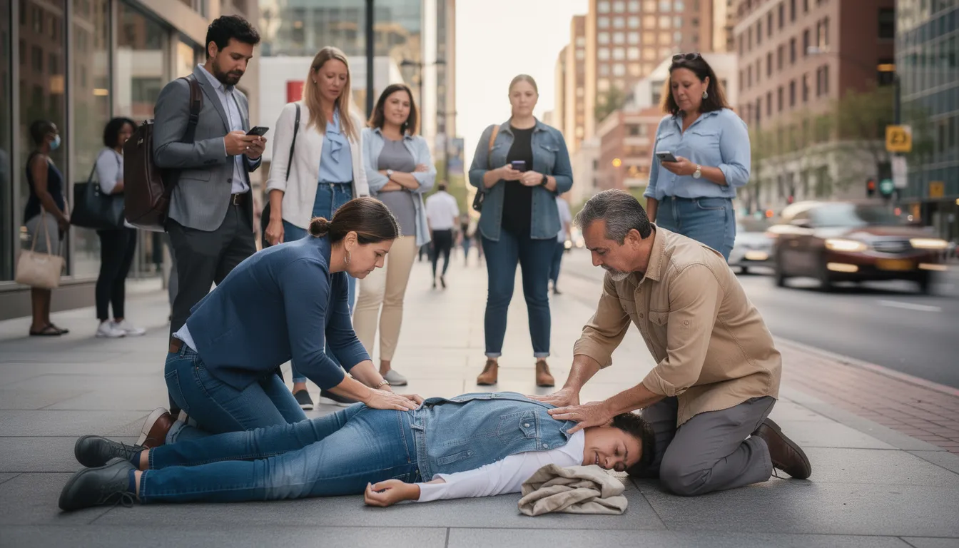 The image shows a city sidewalk where several concerned bystanders have gathered to assist someone who appears to be in distress, possibly due to a drug overdose. This scene highlights the urgent need for awareness around the risks of fentanyl addiction and the importance of harm reduction strategies in addressing the opioid crisis.