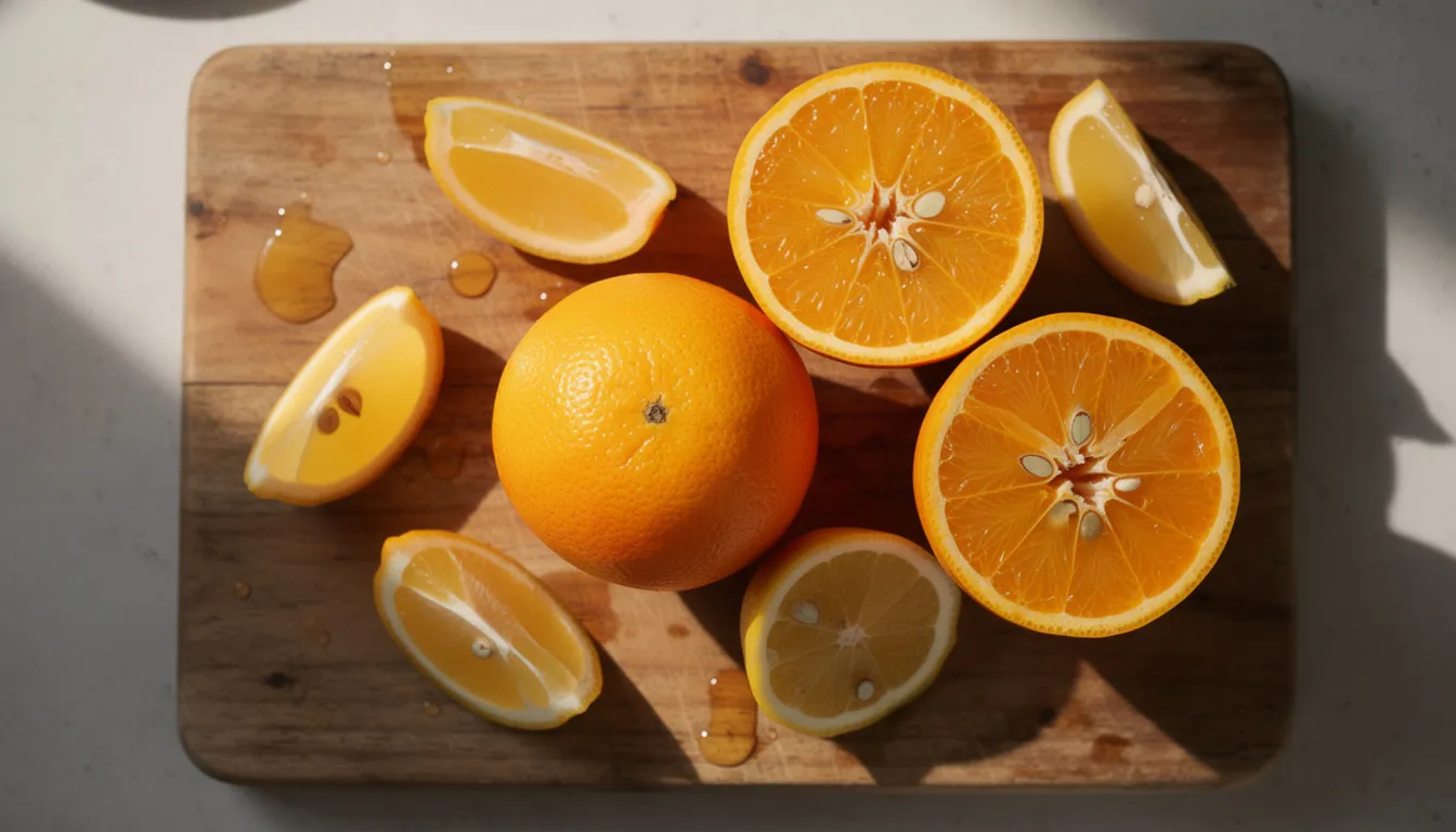 The image showcases a vibrant assortment of fresh citrus fruits, including oranges and lemons, arranged on a rustic wooden cutting board. These fruits are perfect for creating tasty recipes or refreshing detox drinks, ideal for cleansing the body and flushing toxins.