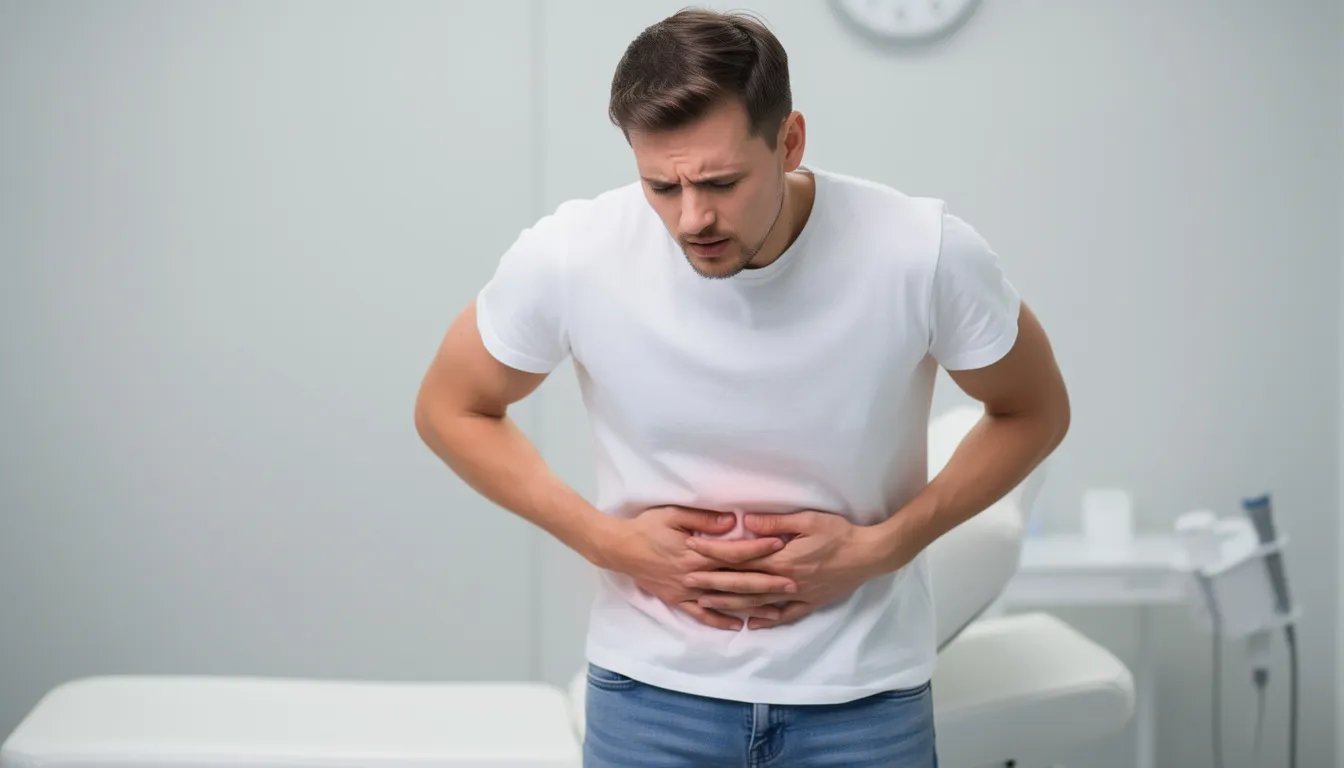 The image shows a person holding their abdomen with a pained expression, indicating discomfort possibly related to gastrointestinal issues. This discomfort may arise from health complications linked to alcohol consumption, particularly when combined with prednisone treatment, which can lead to serious risks such as stomach irritation and gastrointestinal bleeding.