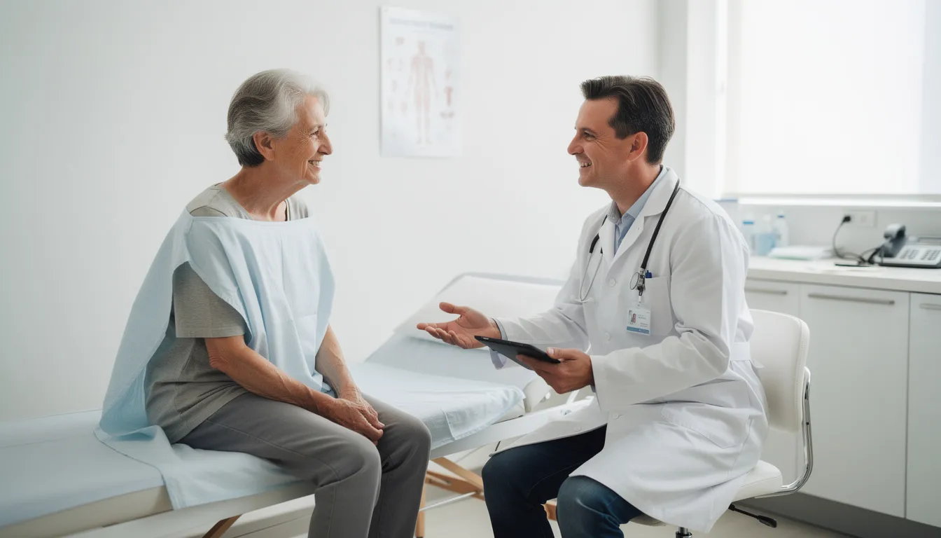 An older adult is engaged in a conversation with a healthcare provider in a clinical setting, discussing the potential health risks of alcohol consumption while taking prednisone. The discussion likely covers topics such as the impact on the immune system, blood sugar levels, and the dangers of combining alcohol with steroid treatment.