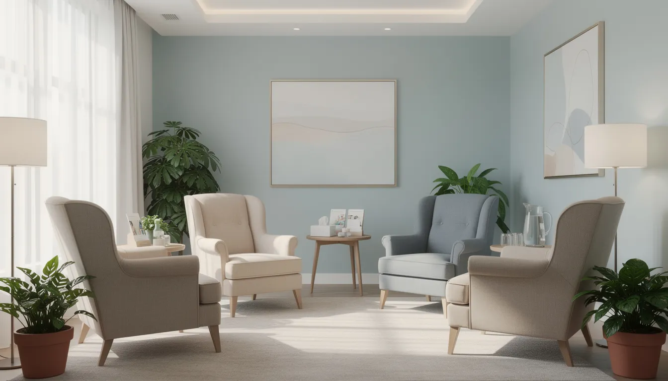 The image depicts a supportive healthcare setting featuring comfortable chairs arranged in a calming environment, ideal for patients undergoing urine drug tests or detox processes. This serene space promotes relaxation, making it a suitable place for discussions about detox methods like the certo detox method and the importance of passing drug tests.
